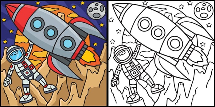 Astronaut Space Rocket Ship Coloring Illustration