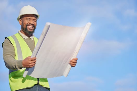 Mockup, black man and architect with blueprints, outdoor and construction for real estate, document and planning. African American male manager, inspector or leader with smile, engineer or contractor