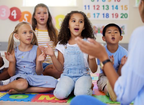 Teacher, singing or kids in classroom learning a song together in preschool for voice development. Children daycare, vocal or young students in poem or musical performance in kindergarten creche