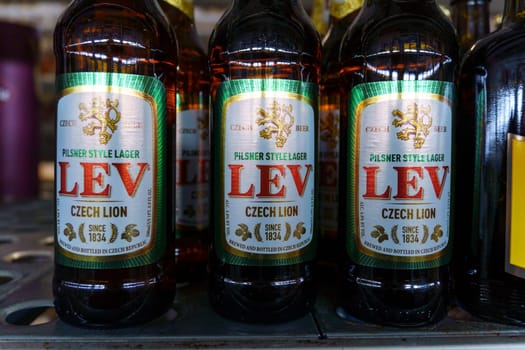 Tyumen, Russia-February 25, 2023: Light beer in Lev style Czech brewery Mestansky pivovar