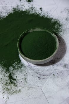 Blue-green algae Chlorella and spirulina powder in bowl. Super powder. Natural supplement of algae. Detox superfood drink cocktail. Food supplement source of protein and beta carotene