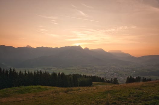 Beautiful landscape of the Leogang Mountains in Salzburg, Austria, at sunrise