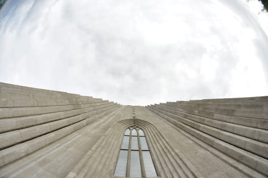 Low angle shot of facade of Hallgrimskirkja church on cloudy sky background in Reykjavik, Iceland