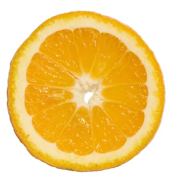 Round piece of orange on a white isolated background