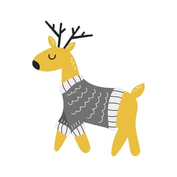 Cute deer wearing sweater. Hand drawn vector illustration for greeting card