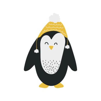 Cute penguin in winter hat. Cartoon animal character. Scandinavian style