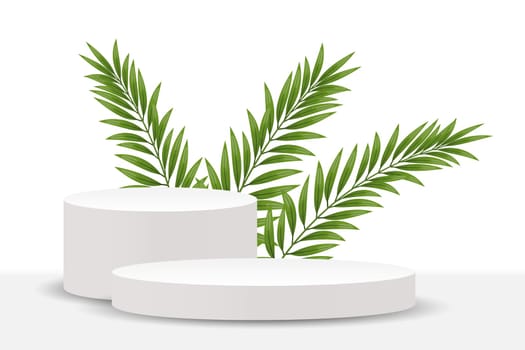 White podium with palm leaves on a white background. 3d pedestal