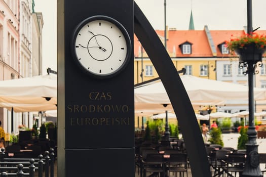 Bydgoszcz, Poland August 2022. Clock on main square View of City of Architecture famous popular tourist attraction travel destination Bydgoszcz near Brda River. Museums and monuments The largest city in the Kuyavian-Pomeranian Voivodeship Europe