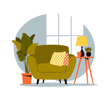 Modern armchair with mini table. Interior of the living room with furniture. Flat cartoon style. Vector illustration.