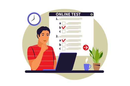 Concept online testing, e-learning, examination on computer. Vector illustration. Flat