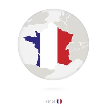 Map of France and national flag in a circle.