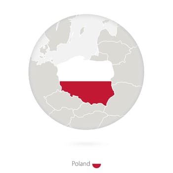 Map of Poland and national flag in a circle.