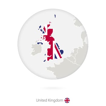 Map of United Kingdom and national flag in a circle.