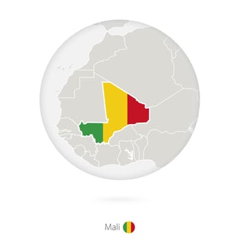 Map of Mali and national flag in a circle.