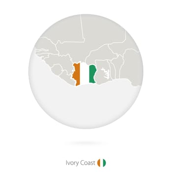 Map of Ivory Coast and national flag in a circle.