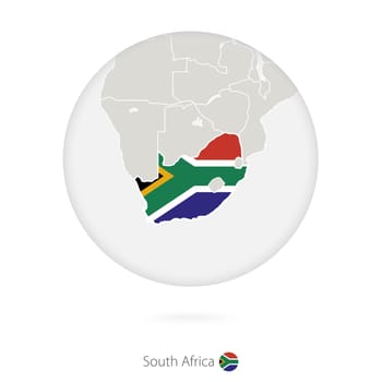 Map of South Africa and national flag in a circle.