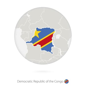 Map of Democratic Republic of the Congo and national flag in a circle.