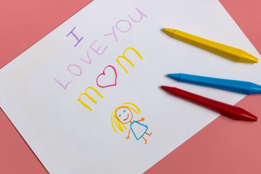 Greeting card for mummy on happy mothers day. Handwritting by kids with love congratulate for mom. Sign I love you mom