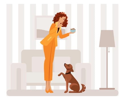 A woman trains and feeds a dog. Pet care concept. Flat style illustration