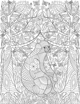 Large Rodent Sitting Between Two Trees In Forest Background With Insects Flying Colorless Line Drawing. Forest With Large Animal Coloring Book Page.