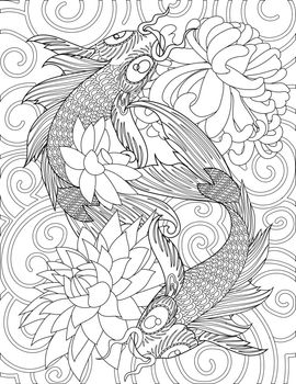 Two Koi Fish Swimming Around Lotus Flowers Colorless Line Drawing. Carp Fishes Swims On Lake With Floating Flower Coloring Book Page.