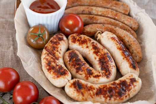 Grilled sausages with sauce and vegetable