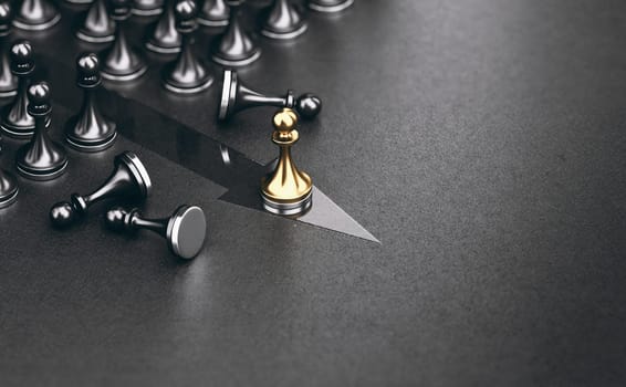 Golden pawn beating competition over black background. Standing out from the crowd. Business strategy, outsider becoming the leader. 3D illustration.