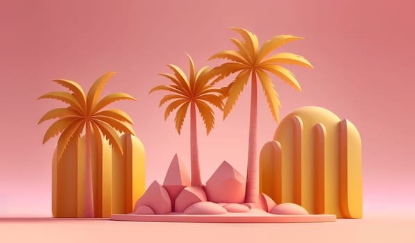 AI Generated illustration of palm trees and mountain. Travel and paradise island