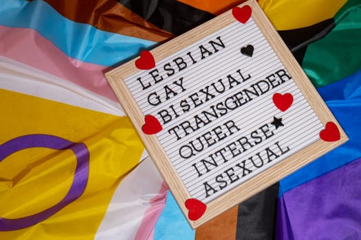 LGBTQIA description frame on Rainbow LGBTQIA flag made from silk material. LESBIAN, GAY, BISEXUAL, TRANSGENDER, QUEER, INTERSEX, ASEXUAL Symbol of LGBTQ pride month. Equal rights. Peace and freedom. Support LGBTQIA community