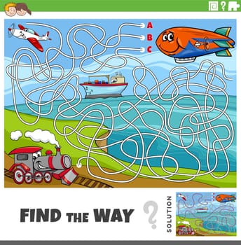 find the way maze game with cartoon vehicle characters