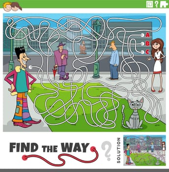 find the way maze game with cartoon people in the city