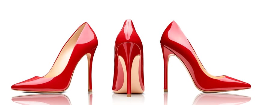 close up of red high heels on white background