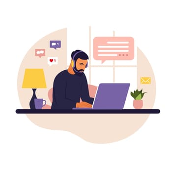 Home office concept, man working from home. Student or freelancer. Freelance or studying concept. Vector illustration. Flat style.