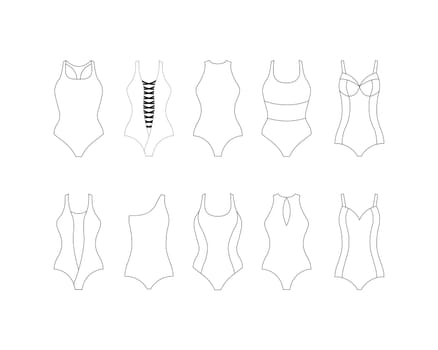 Swimwear set. A large collection of swimwear in a linear style. Swimwear coloring pages for kids. Vector illustration