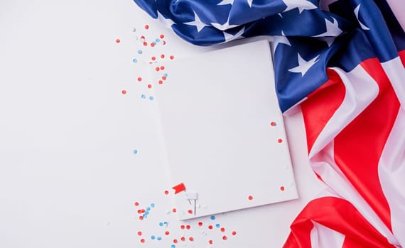 Blank white frame for mockup design on American national flag white background with decorations