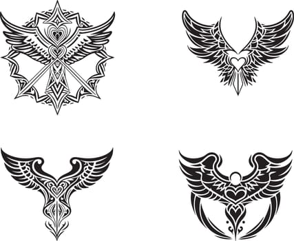 Hearts And Wings Tribal Tattoos Vector