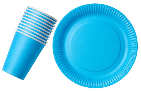 Blue empty paper disposable plate and cups on white isolated background, top view