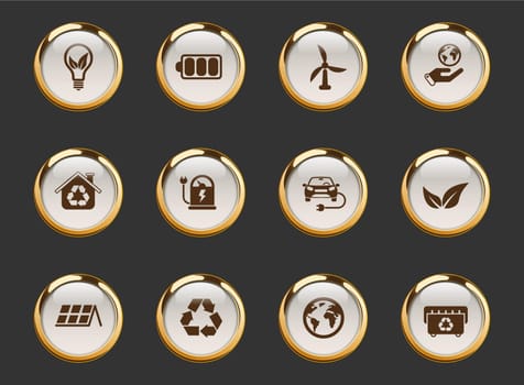 alternative energy gold-rimmed vector icons on dark background. alternative energy icons in gold frame for web, mobile and ui design