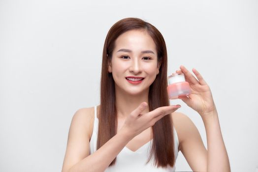  beauty asia girl show cosmetic makeup and moisturizing for skin care,