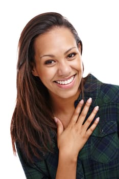 So glad you think that. Portrait of an attractive young woman wearing a checkered shirt isolated on white.