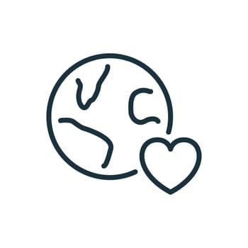 Love Earth Linear Icon. Heart Shape and Globe Planet Line Pictogram. Concept of Charity, Donation Organization and International Love. Save the earth and World. Editable stroke. Vector illustration