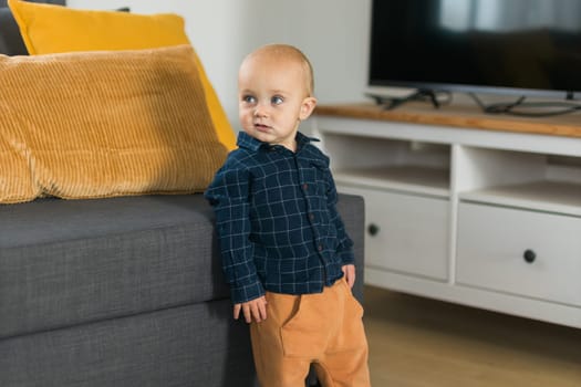 Toddler boy laughing having fun standing near sofa in living room at home copy space. Adorable baby making first steps alone. Happy childhood and child care concept