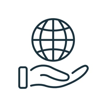 International Education Line Icon. Global Learning, Distance Education and Online Courses. Hand holding Earth Linear Icon. Editable stroke. Vector illustration.