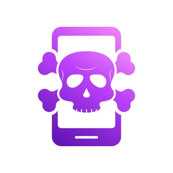 Virus Alert Icon. Smartphone with Virus. Cyber Attack Alert Icon with Skull. Phishing Scam concept. Hacker Attack, Phishing and Fraud. Vector illustration