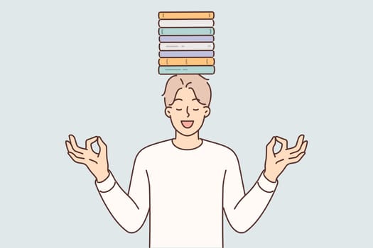 Meditating man with books on head stands maintain balance between study and rest