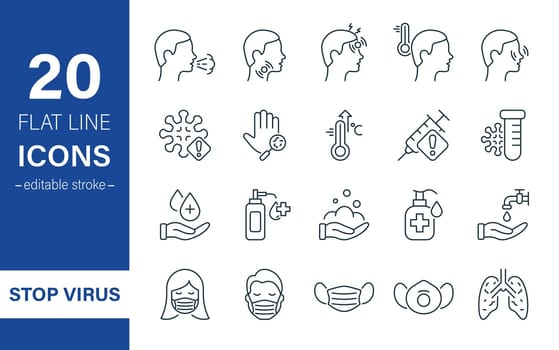 Coronavirus and Flu Linear Icon Set. Coronavirus Safety, Mask Protection, Flu Disease Prevention and Symptoms Pictogram. Washing Hand, Antiseptic and Sanitizer. Editable stroke. Vector illustration