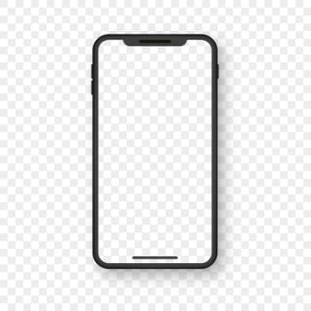 Smartphone Mockup with Transparent Screen. Black Mobile phone on Transparent Background with Blank Display. Mock up Realistic Smartphone. Front View. Vector illustration