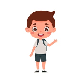 Cute cartoon little boy with the backpack waving his hand hello. Little schoolboy character. Vector illustration