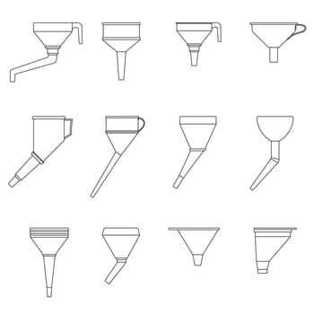 Funnel linear icons set. Funnel for gasoline and other liquids. Car watering can icon.