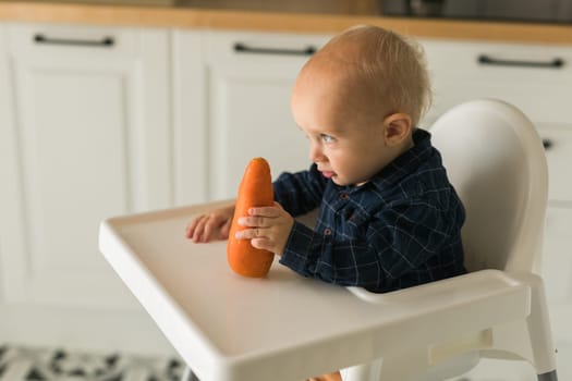 Little boy in a blue t-shirt sitting in a child's chair eating carrot - baby care and infant child feeding concept